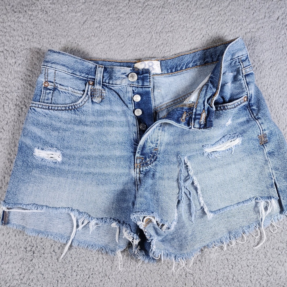 We The Free People Shorts Womens 28 Blue Button Fly Hot Pants Denim Distressed